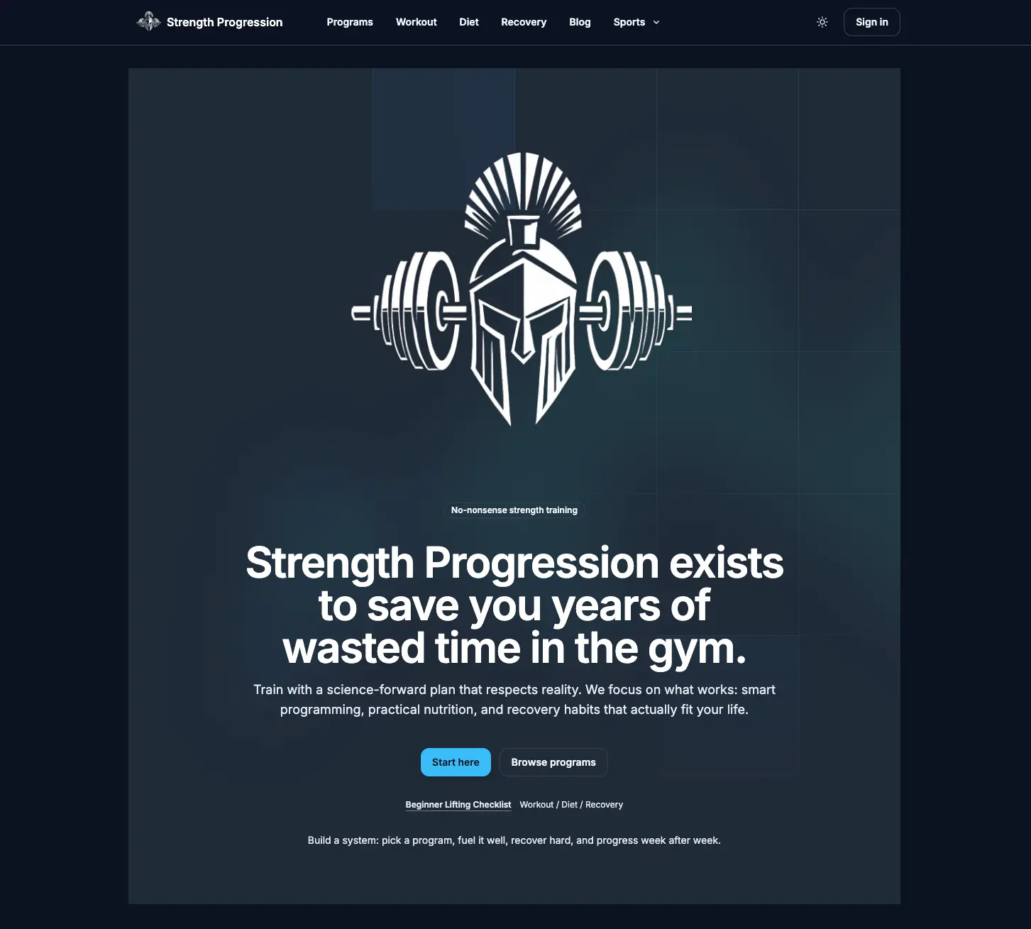 Strength Progression fitness platform homepage
