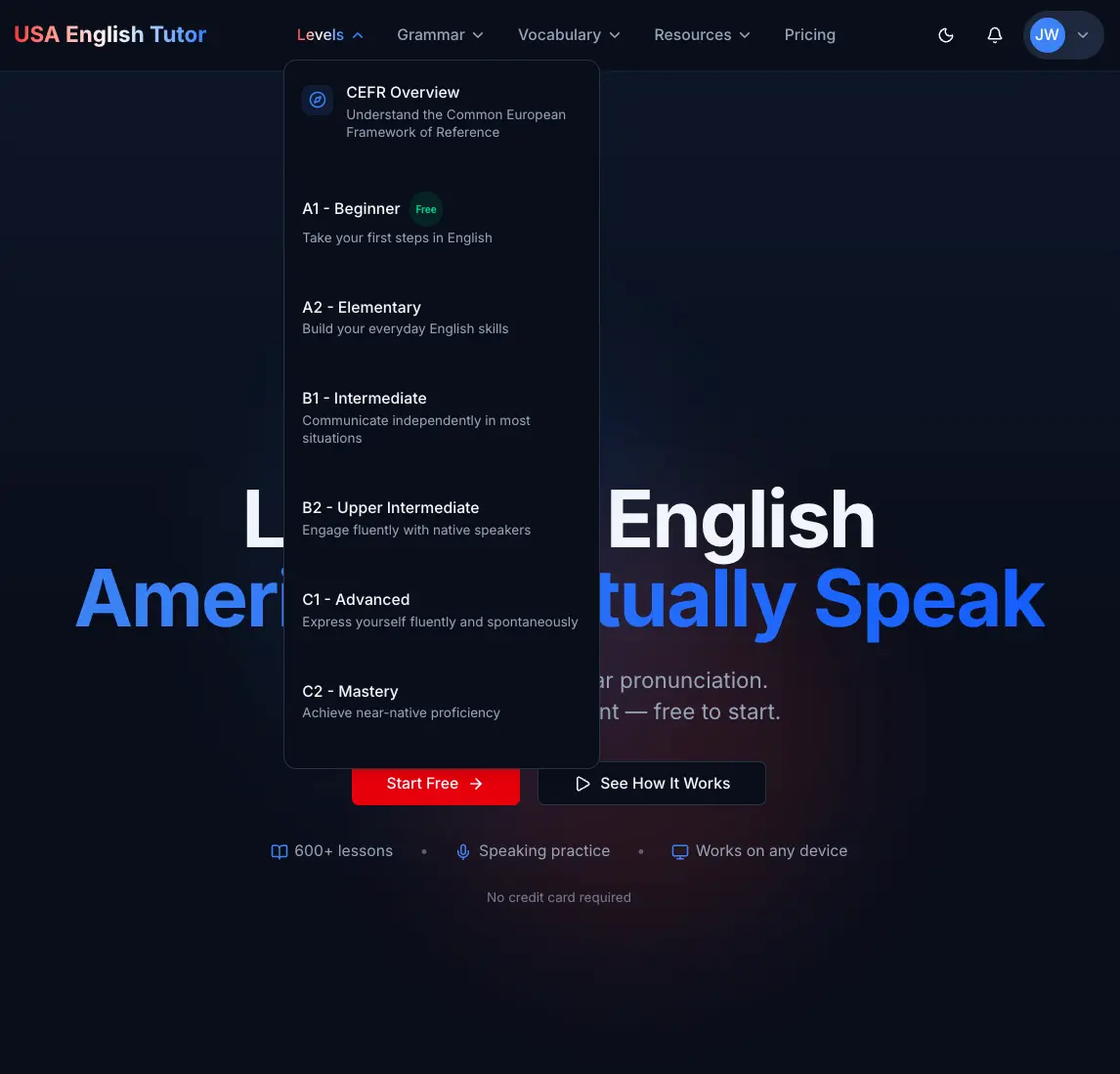 USA English Tutor homepage showing course levels for international ESL learners