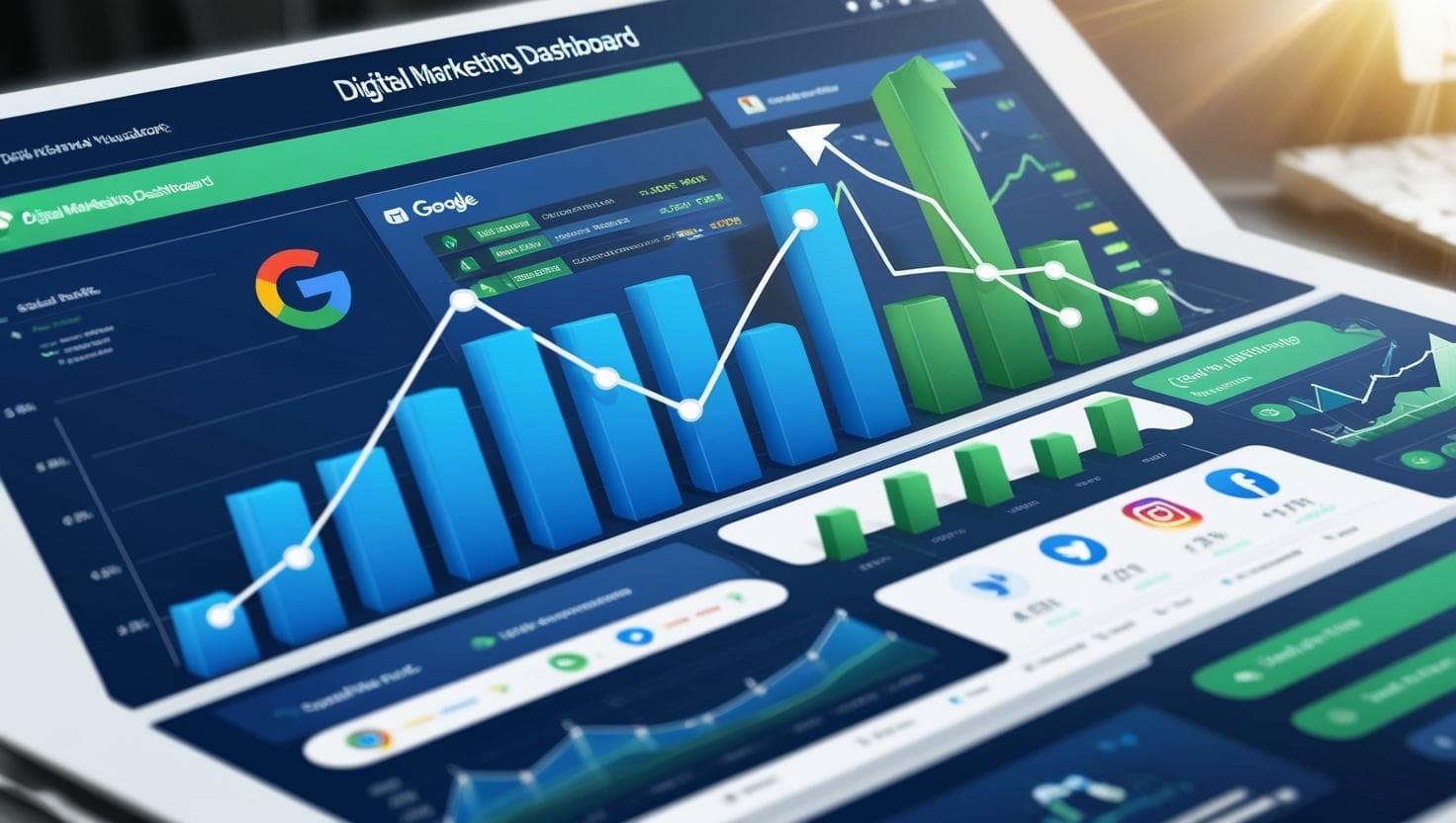 Digital marketing dashboard with growth metrics and analytics