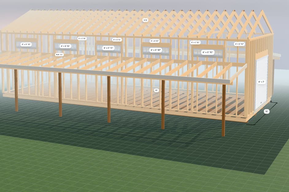 Dimension view of the same framing with a measurement label on every window and door opening