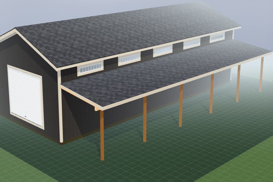 Finished view of the 16 by 40 foot double lean-to preset with dark siding, a shingled roof, a roll-up door and two open lean-tos