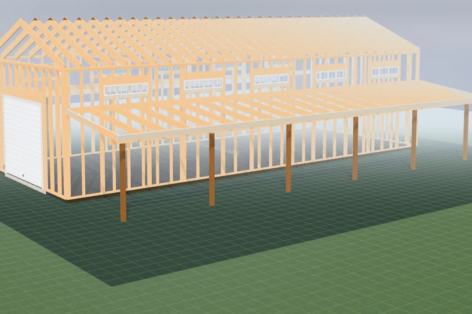 Framing view of a 16 by 40 foot double lean-to building in the North Idaho On Site Sheds 3D configurator: studs, rafters, window openings and lean-to posts