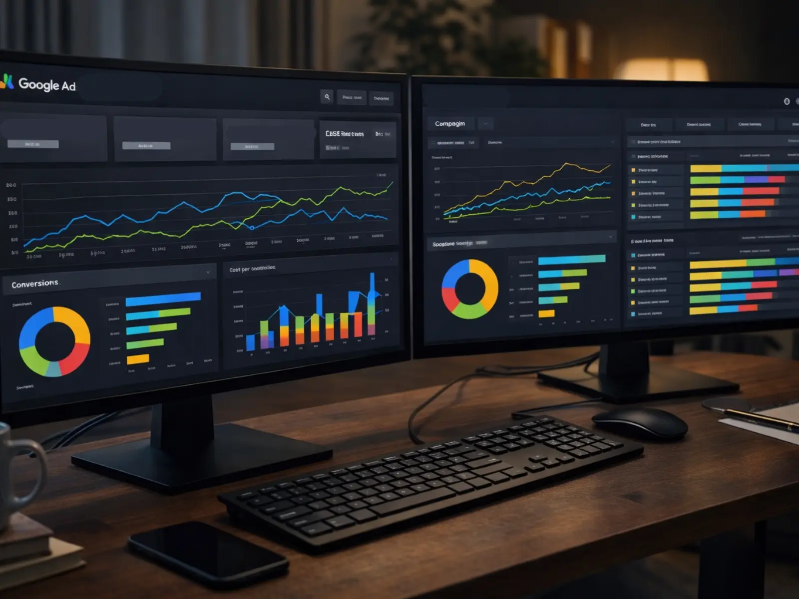 Google Ads performance dashboard with conversion tracking, cost per acquisition trends, and campaign segmentation for Spokane service areas