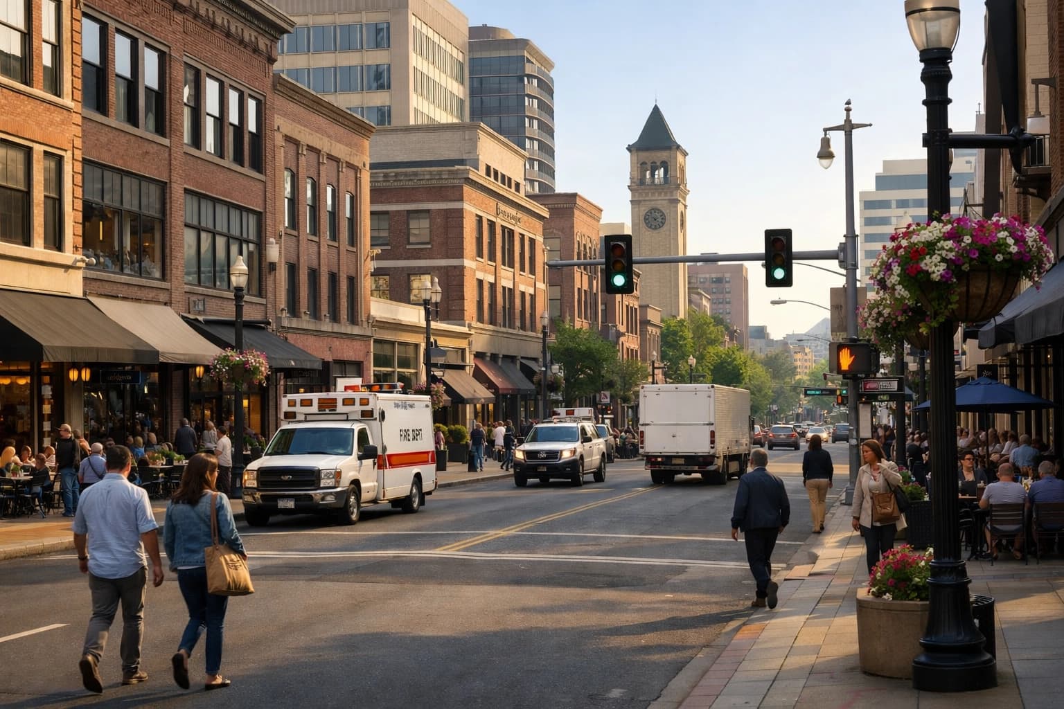 Downtown Spokane business district with storefronts, service vehicles, and weekday foot traffic near office and retail corridors