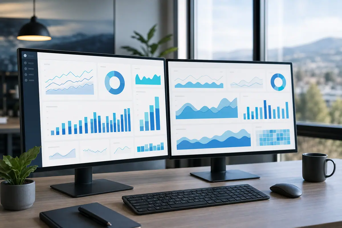 Monitors showing abstract analytics dashboards for tracking website leads and conversions