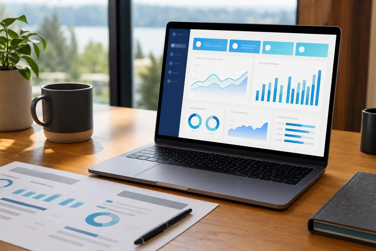 A laptop showing an abstract cost-estimator interface beside a printed planning sheet for scoping a redesign budget.