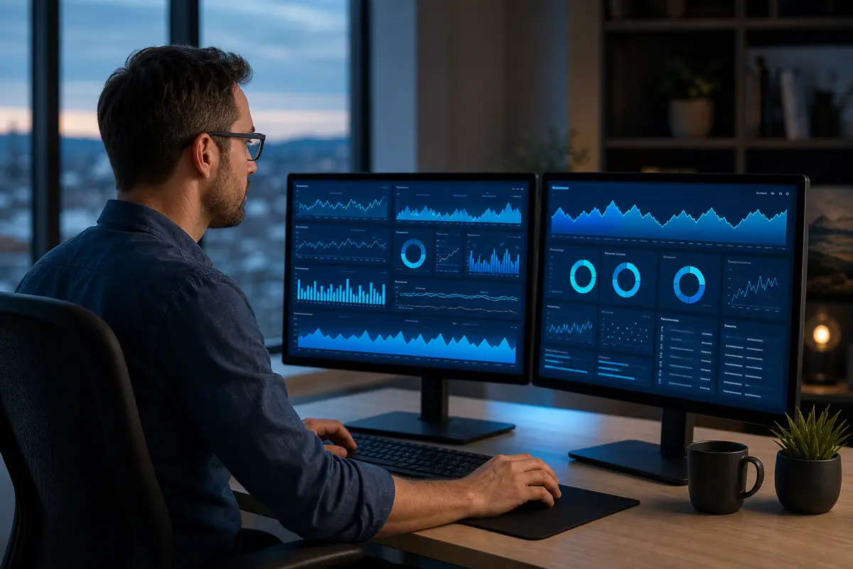 Developer watching performance and uptime screens while maintaining a client's website
