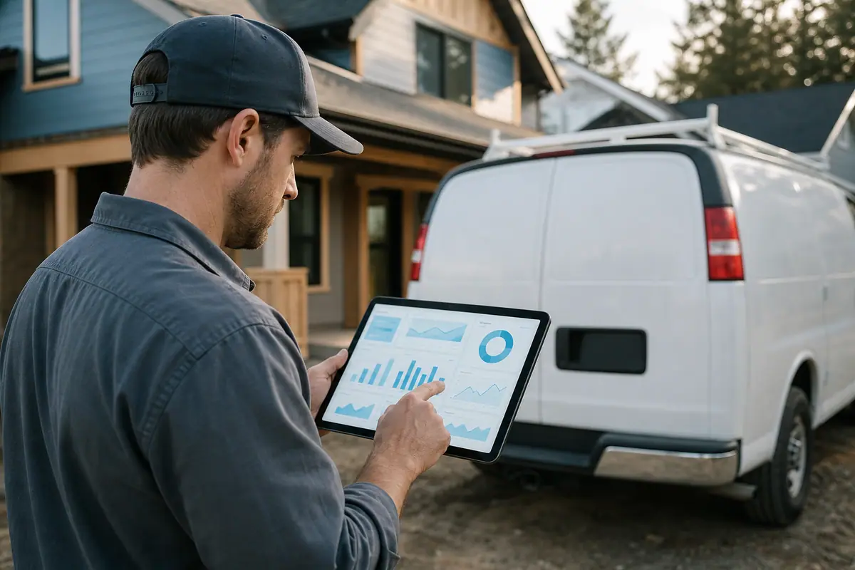 An unbranded contractor reviews project plans on a tablet beside a plain work van.