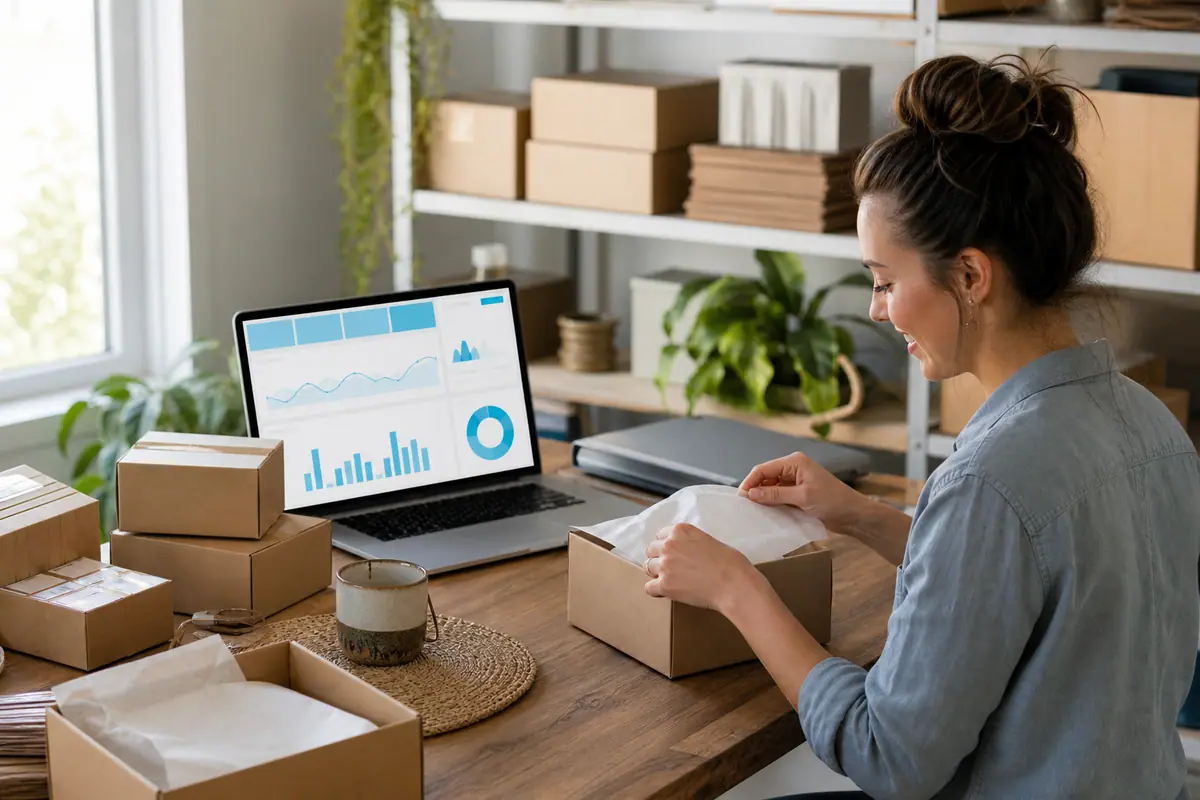 Online store owner packing plain shipping boxes next to a laptop showing a storefront.