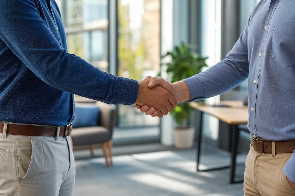 Warm handshake between a Hayden business owner and a local partner, evoking trust and reputation in a small North Idaho market