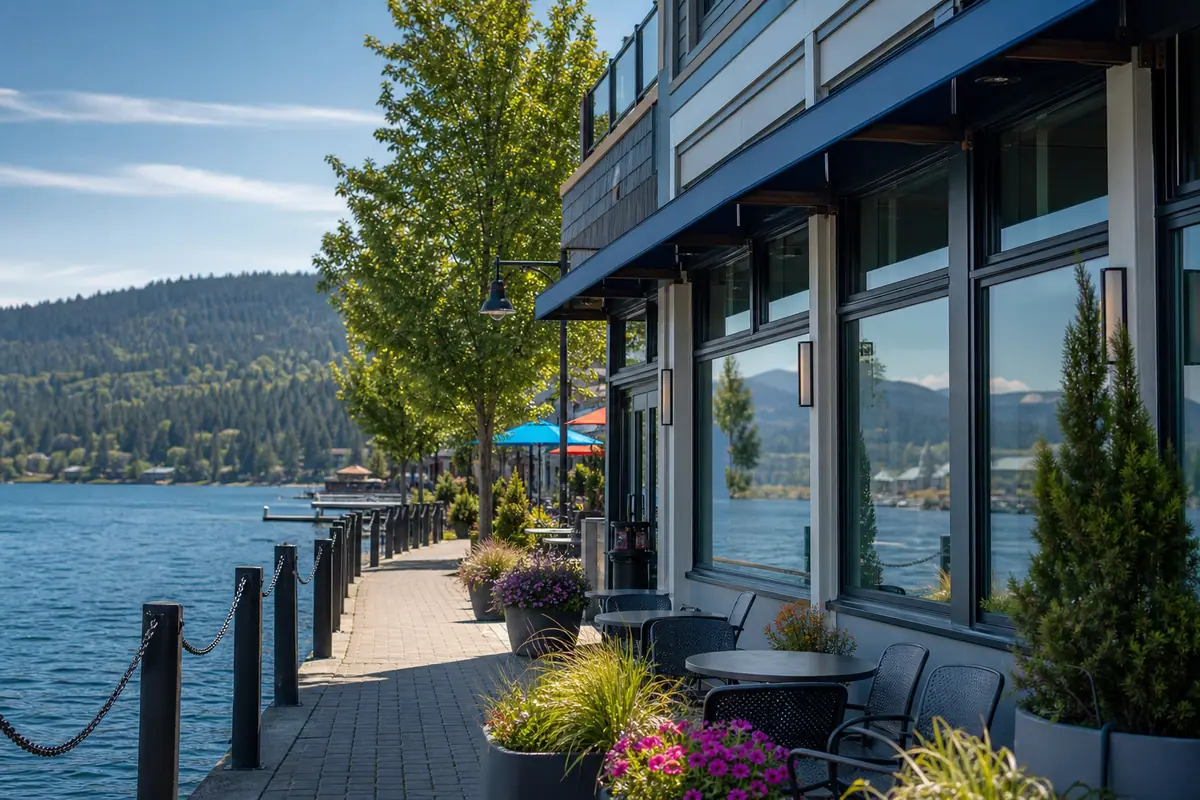 Storefronts and a calm lakefront set the relaxed pace of downtown Coeur d'Alene.