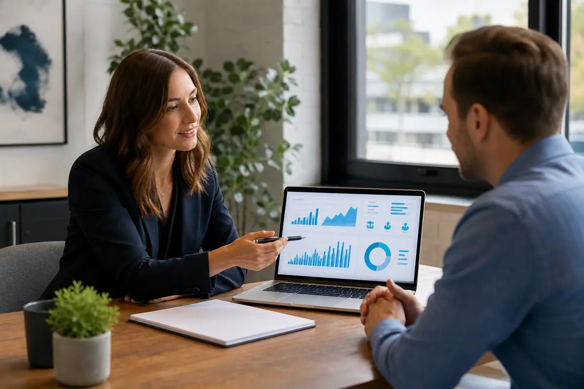 An advisor and client reviewing options across a modern desk during a professional services consultation