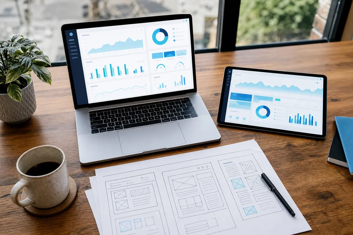 A laptop and a tablet show abstract dashboards beside printed page sketches on a wooden desk.