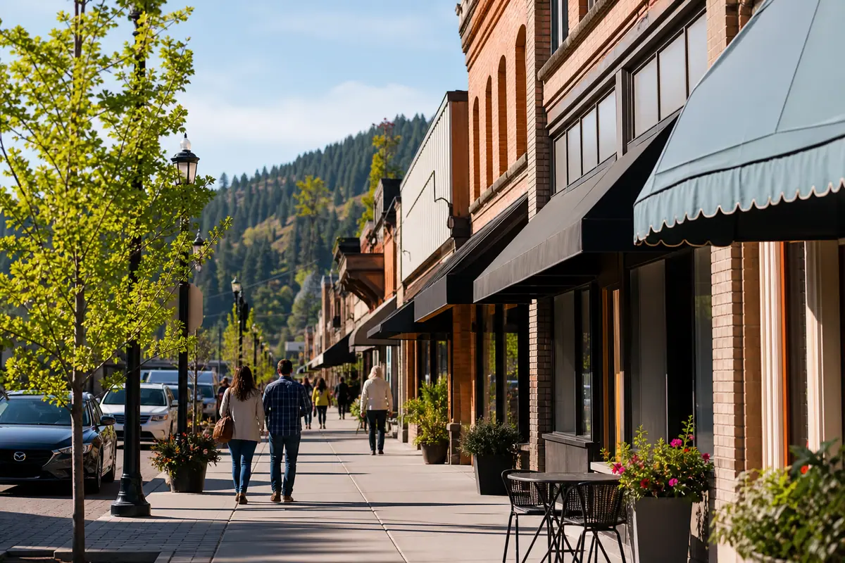 Small businesses lining an Inland Northwest downtown district on a bright afternoon.
