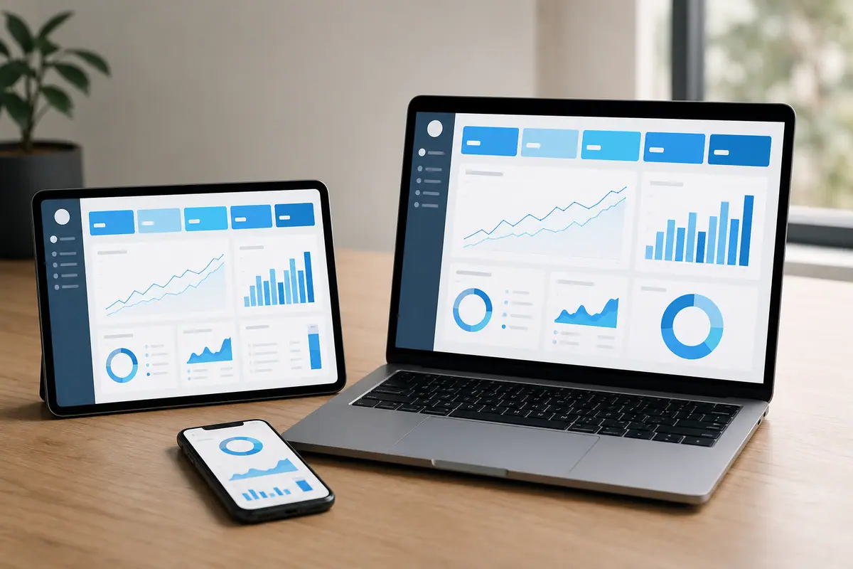 A laptop, tablet, and phone in a flat lay showing an abstract responsive website layout to scope.