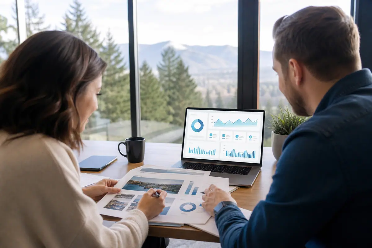 Two professionals compare website scope and budget options across a sunlit meeting table