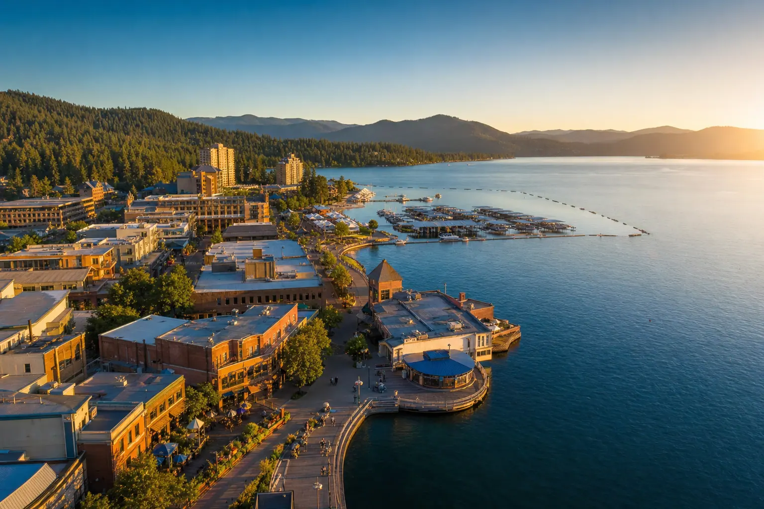Coeur d'Alene lakeside downtown and marina glowing at golden hour beneath evergreen mountains