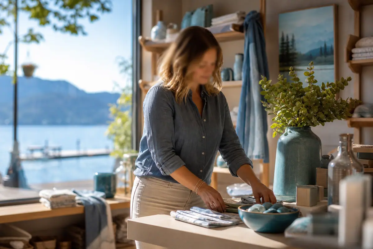 A small-shop owner arranging goods at the counter of a bright North Idaho storefront