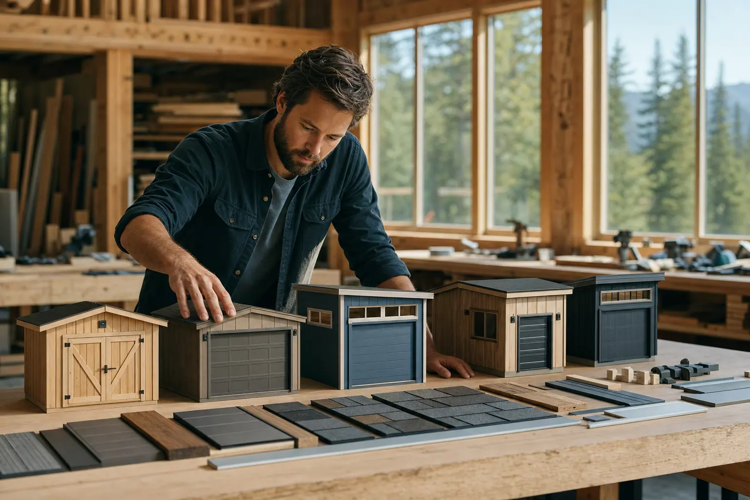 Custom shed builder comparing modular shed models and material samples on a bright workshop bench