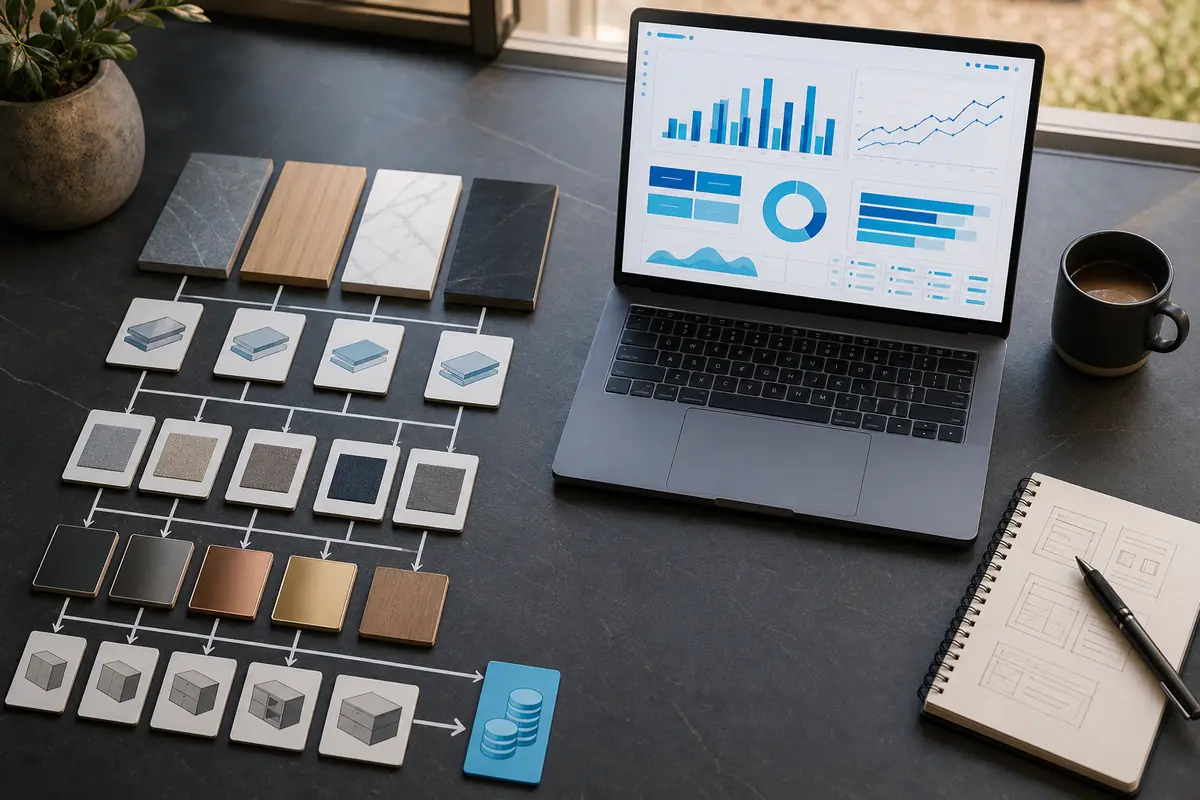 Overhead view of material swatches and option tiles arranged around a laptop showing abstract pricing blocks