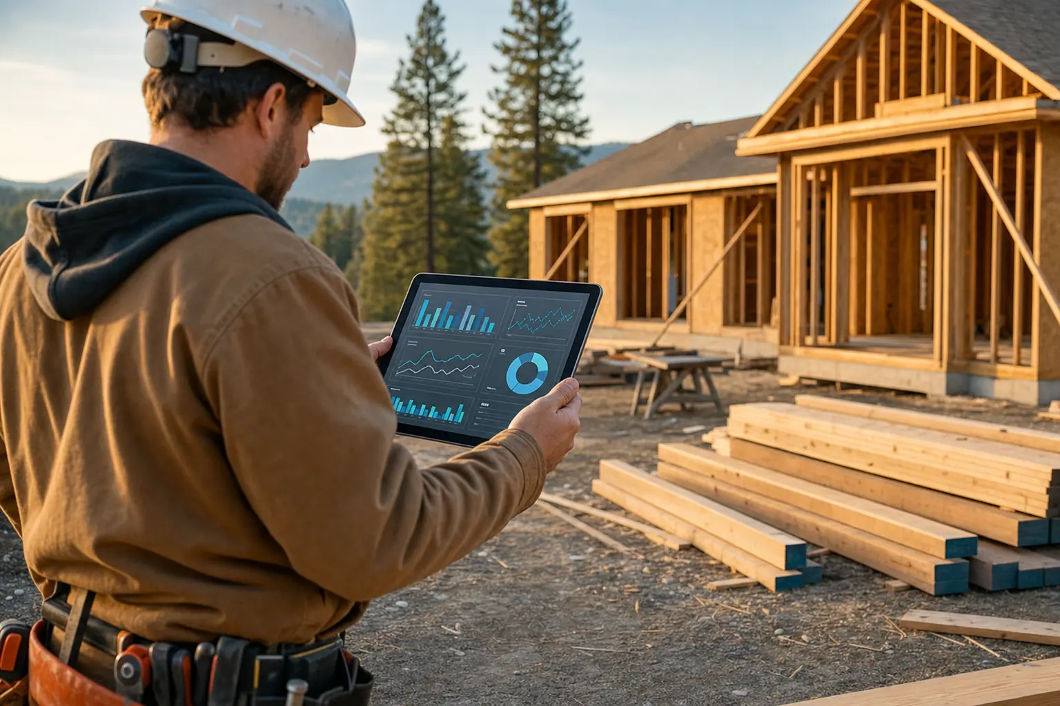 A contractor in a work jacket reviews project plans on a tablet at a residential remodel jobsite.