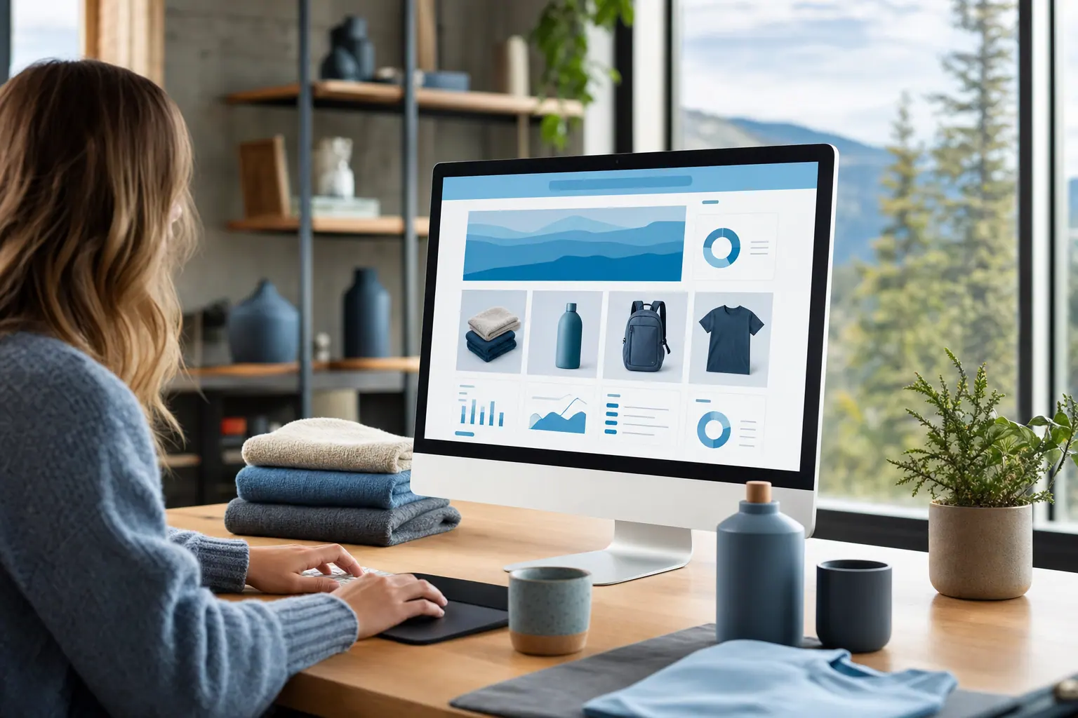 Designer arranging product photos into an online store layout on a large studio screen.