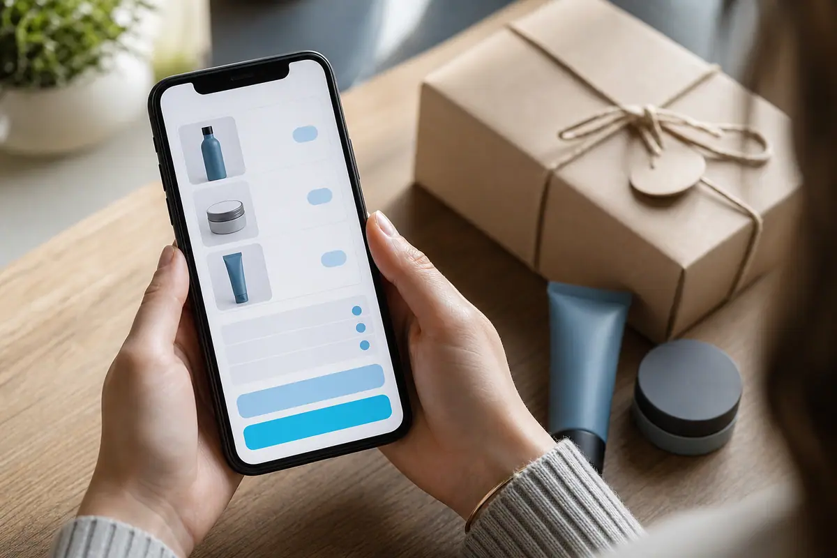 Hands holding a phone showing an abstract mobile checkout beside a plain wrapped package.