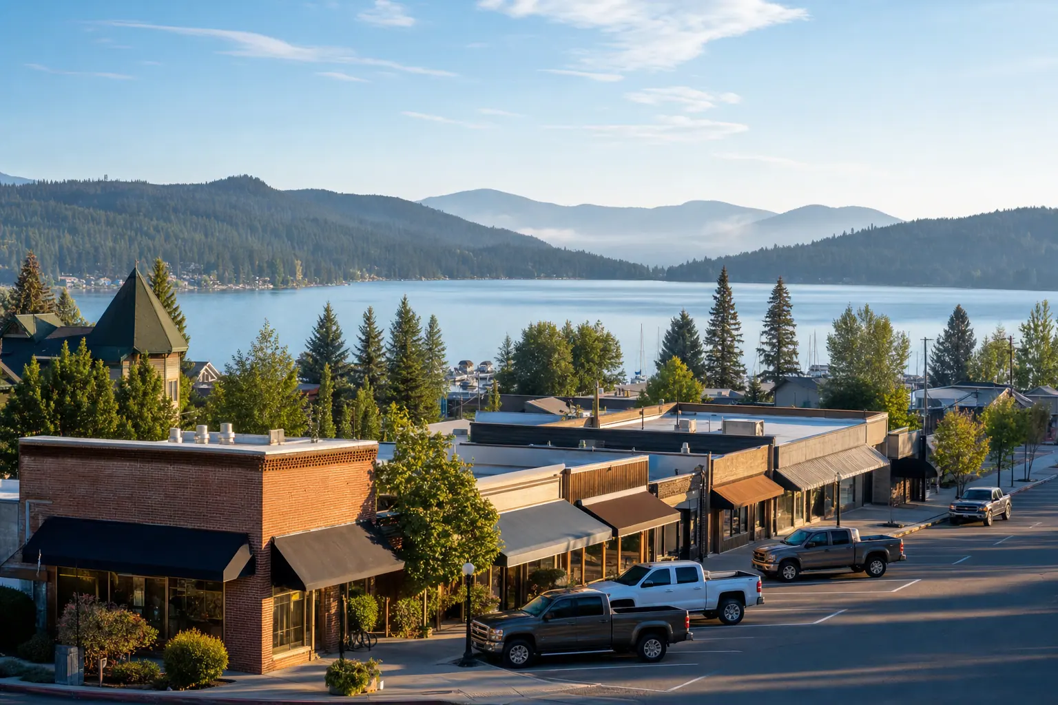 Calm morning view over a North Idaho lakeside town below evergreen ridgelines with a small local business district near the water.