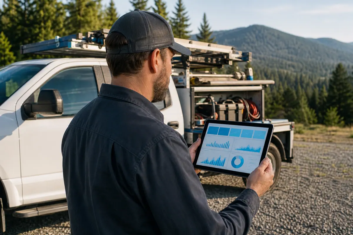 North Idaho local service business owner beside a plain work truck reviewing an abstract website layout on a tablet at the edge of a forested service area
