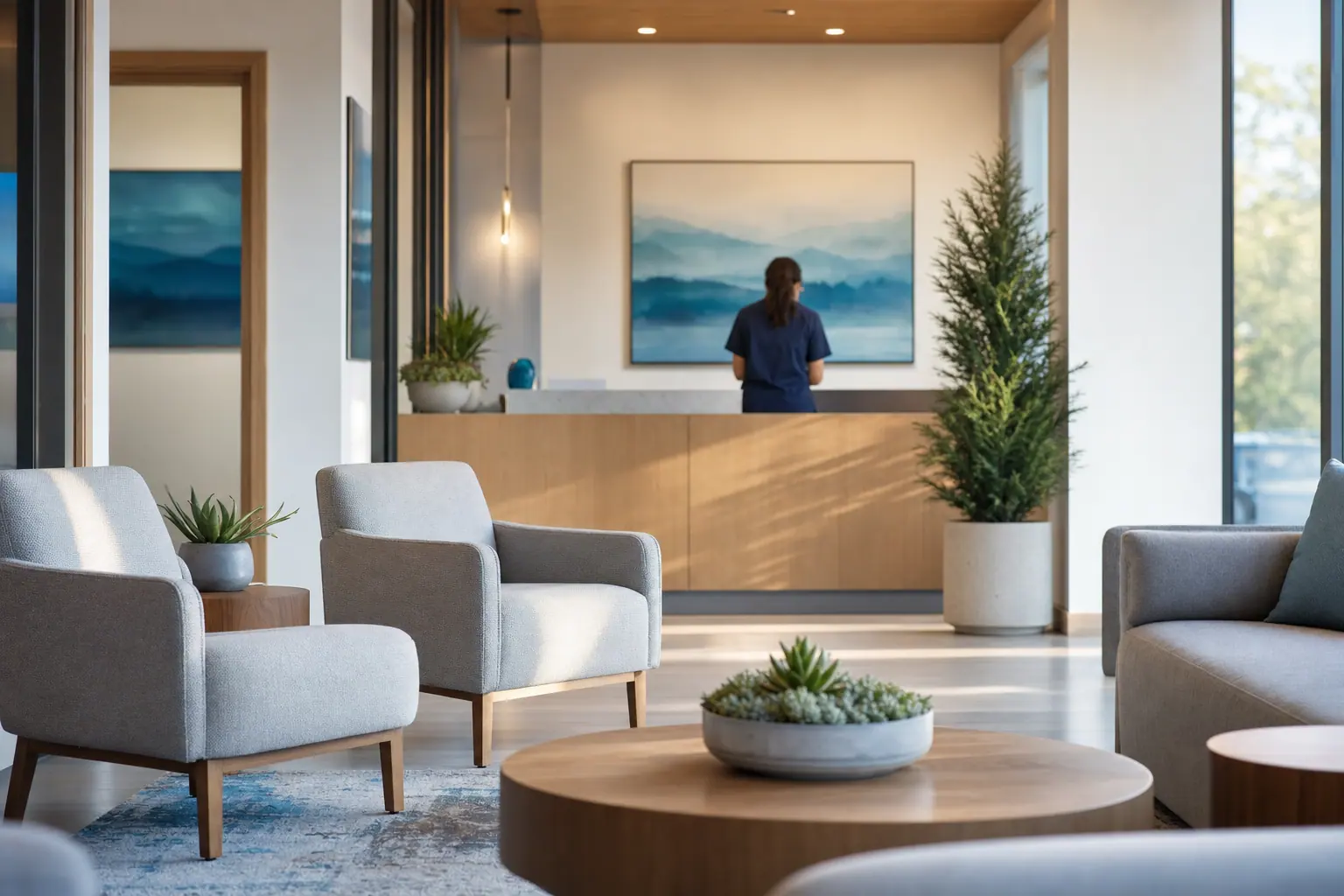 A calm, sunlit medical clinic reception and waiting area with soft, welcoming seating.
