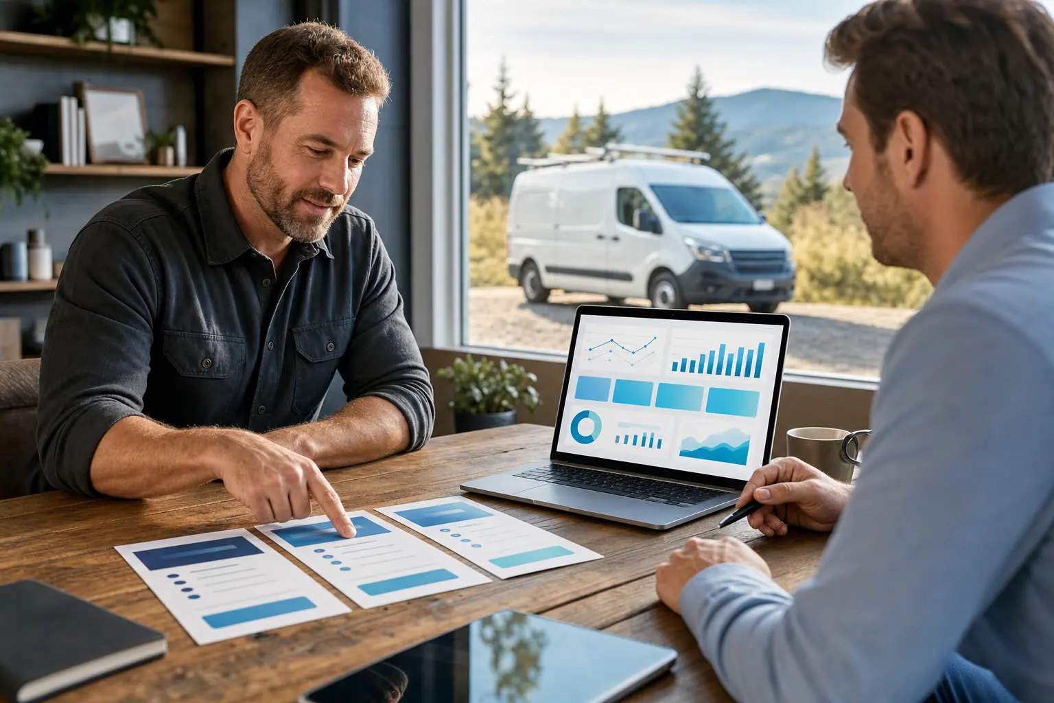 A home services owner and web strategist compare website plan options at a sunlit table.