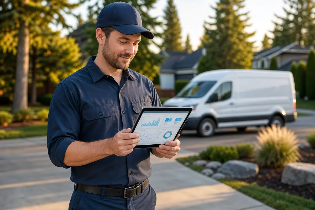 A home services technician reviews a booking workflow on a tablet outside a suburban home.