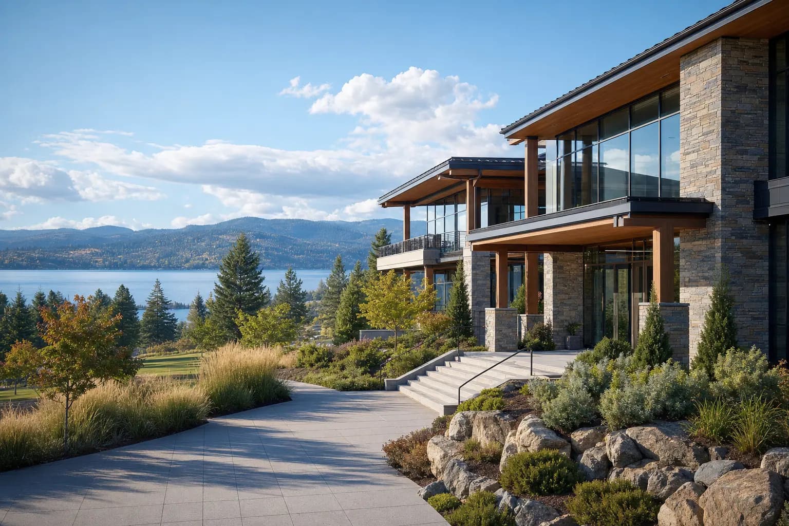 A modern Liberty Lake office-park campus in warm morning light with a calm lake and evergreen ridgelines beyond.