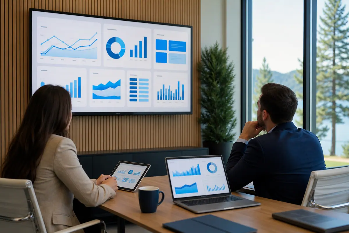 A professional-services team reviewing an abstract lead-pipeline and follow-up flow on a wall screen in a bright office.