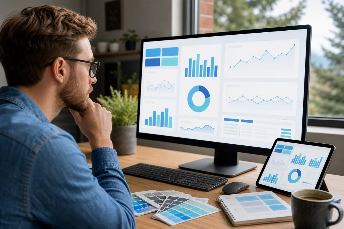 Designer reviewing an accessible website layout and color contrast on a large studio monitor.