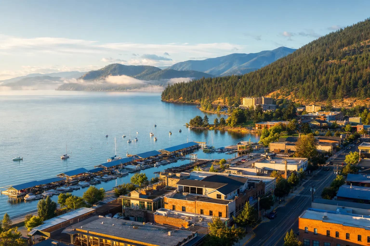 Elevated view of a North Idaho lakeside town nestled below evergreen mountains at golden hour