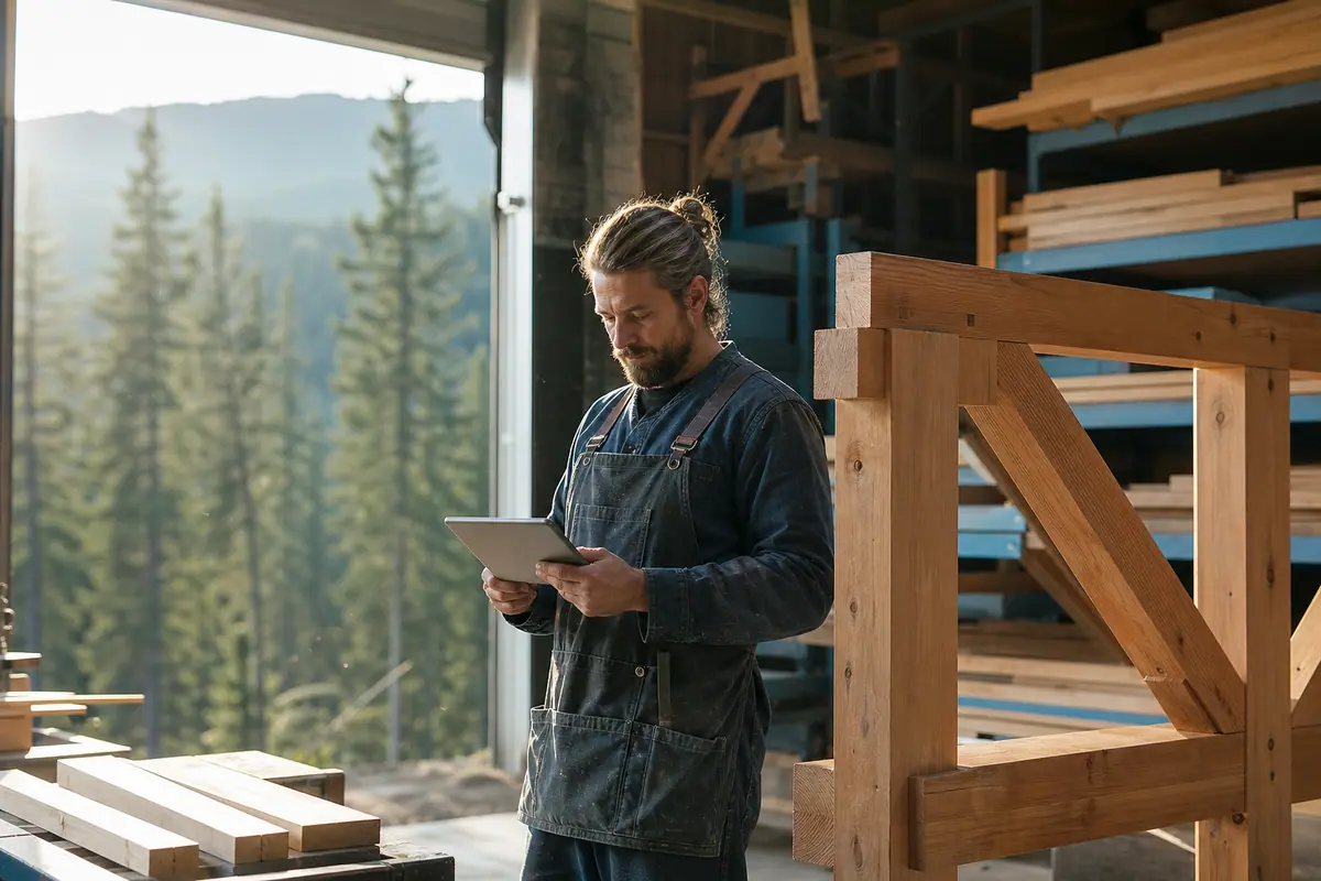 Craftsperson in a timber workshop reviewing plans on a tablet beside a partially built structure