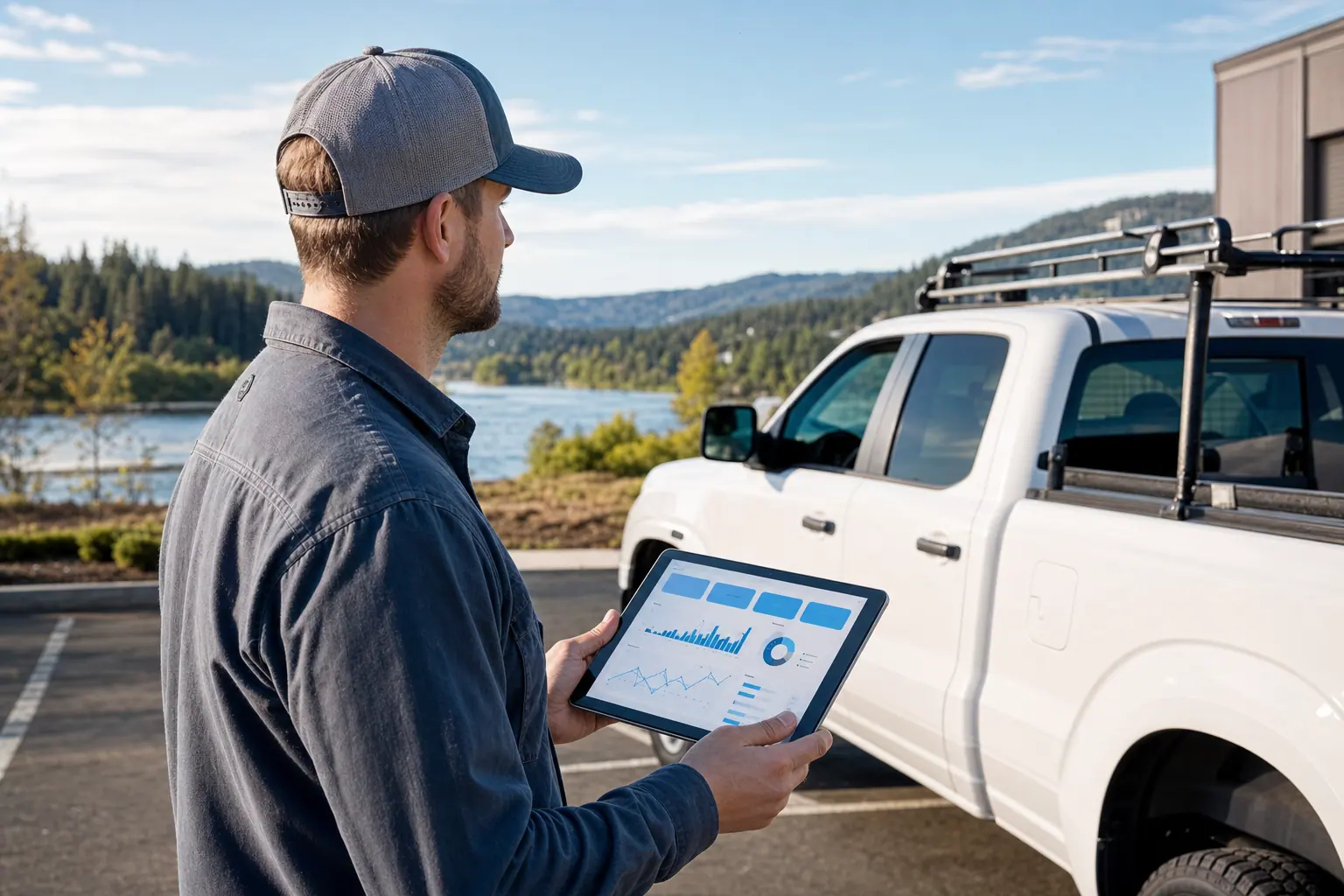 A North Idaho service-business owner beside a plain work truck reviewing an abstract website layout on a tablet in a riverside town setting.