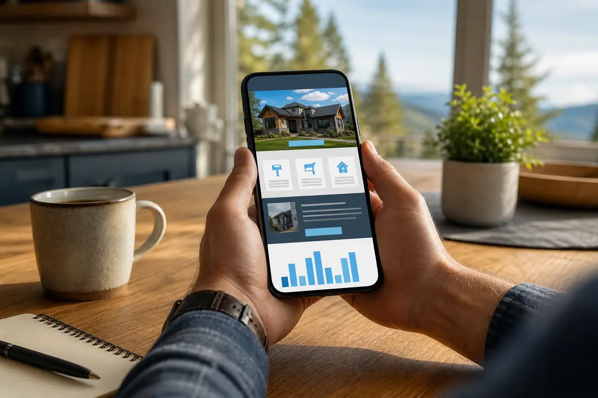 A homeowner in a bright kitchen holding a phone that shows an abstract quote-request layout, sending a project inquiry to a local North Idaho trade.