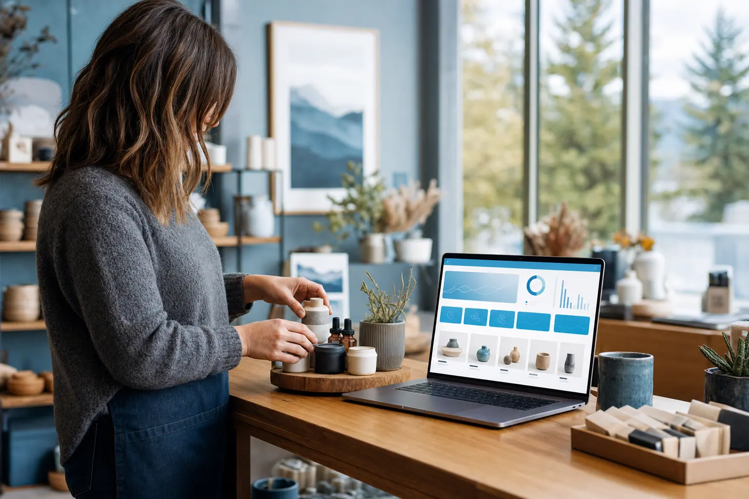 Boutique owner styling products on a counter beside a laptop showing an online store layout.