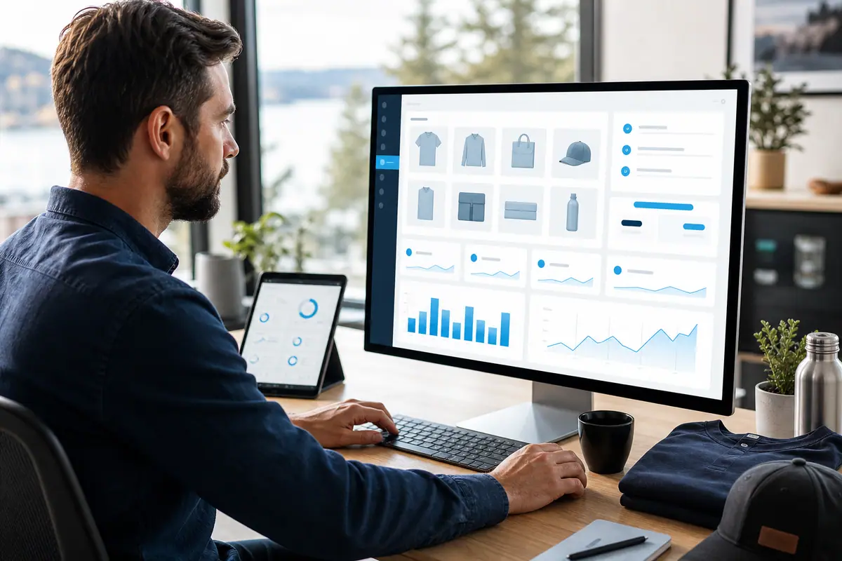 Designer building an online store product grid and checkout flow on a large monitor.