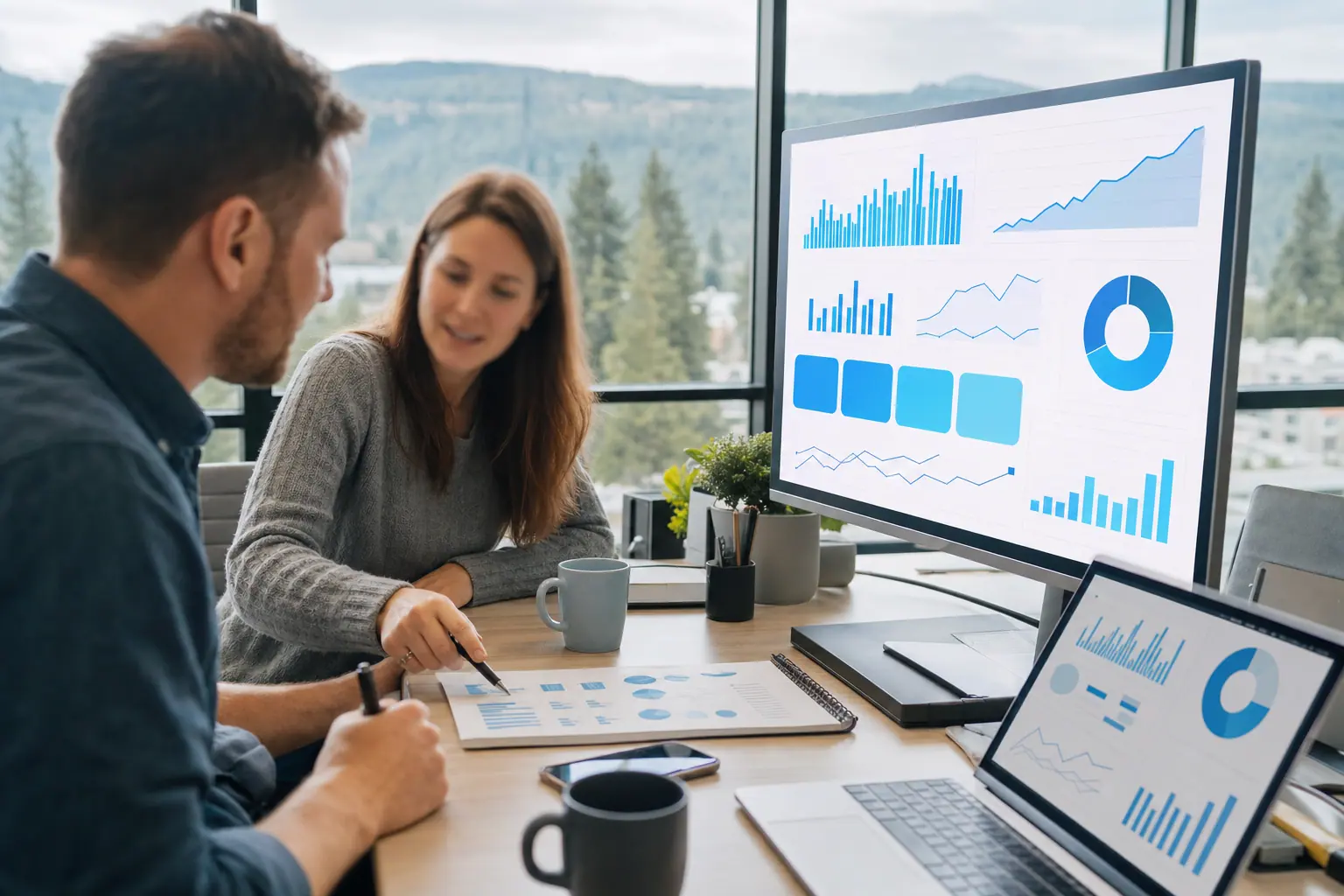 A paid-search strategist and a local business owner plan a Google Ads budget together at a bright desk.