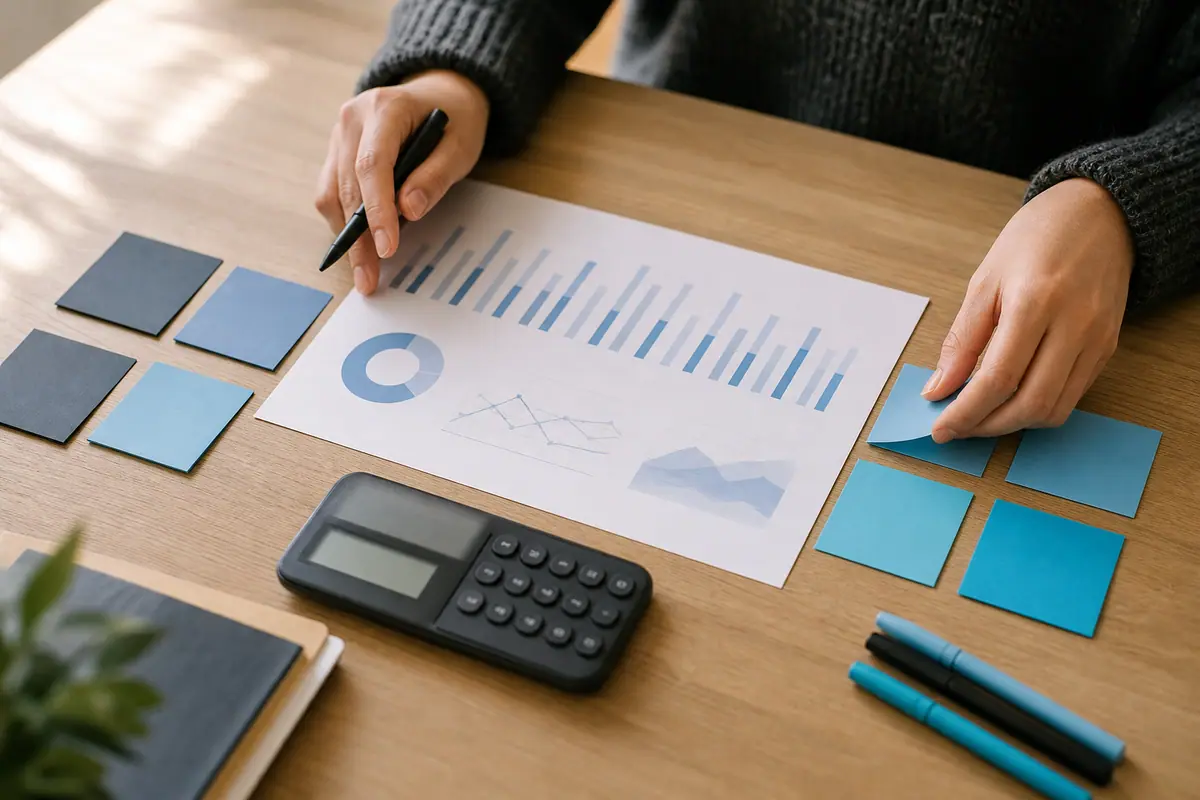 Overhead view of hands sorting sticky notes and printed charts to split ad spend from management fees.