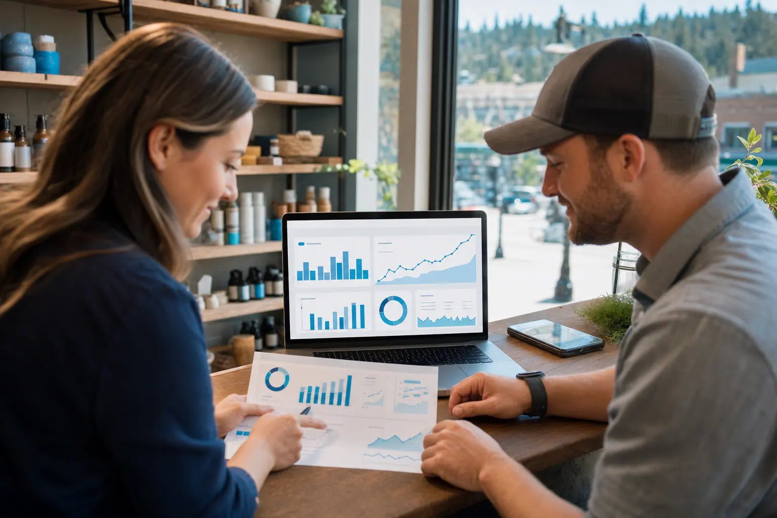 An SEO specialist and a Spokane shop owner review a local search checklist together at the counter.