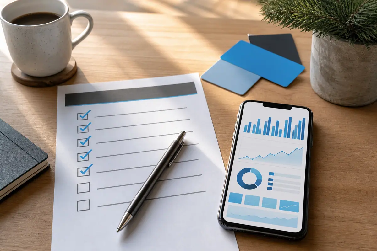 A printed local marketing checklist with several boxes ticked beside a phone showing an abstract map.