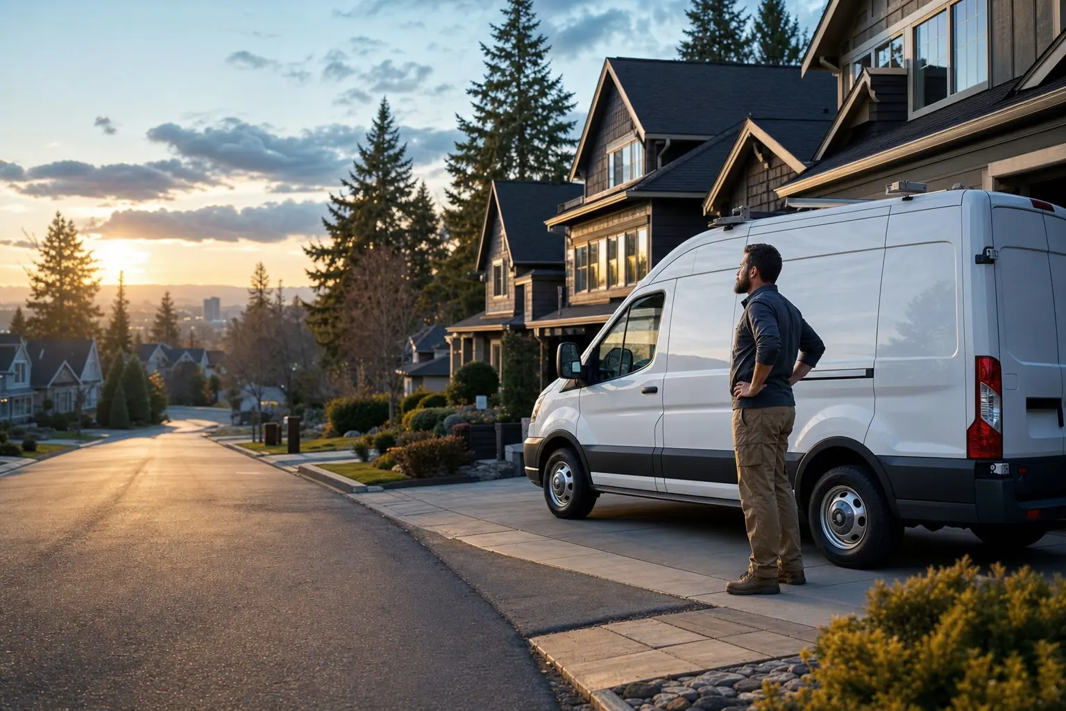 Service business owner standing beside a plain van on a quiet residential street at dusk