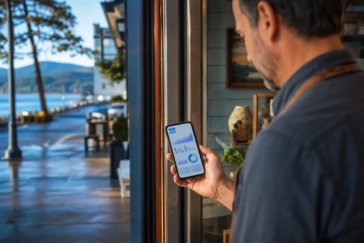 A shop owner in a Coeur d'Alene doorway checks a phone showing an abstract local map with pins.