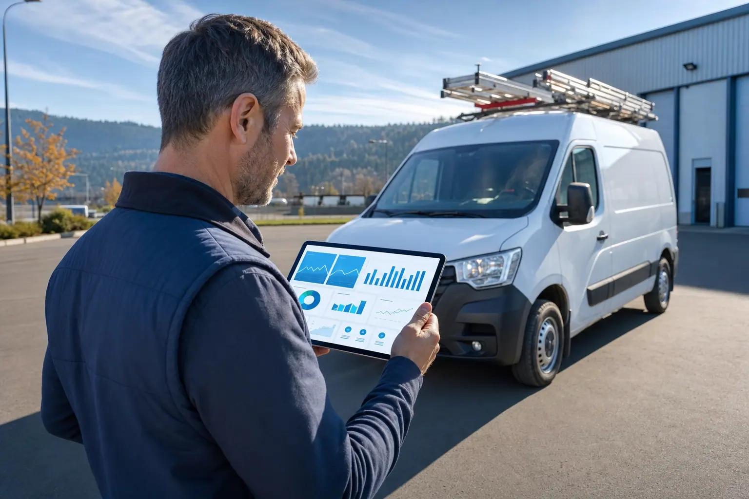 A home-services business owner beside a plain work van reviewing an abstract website layout on a tablet.