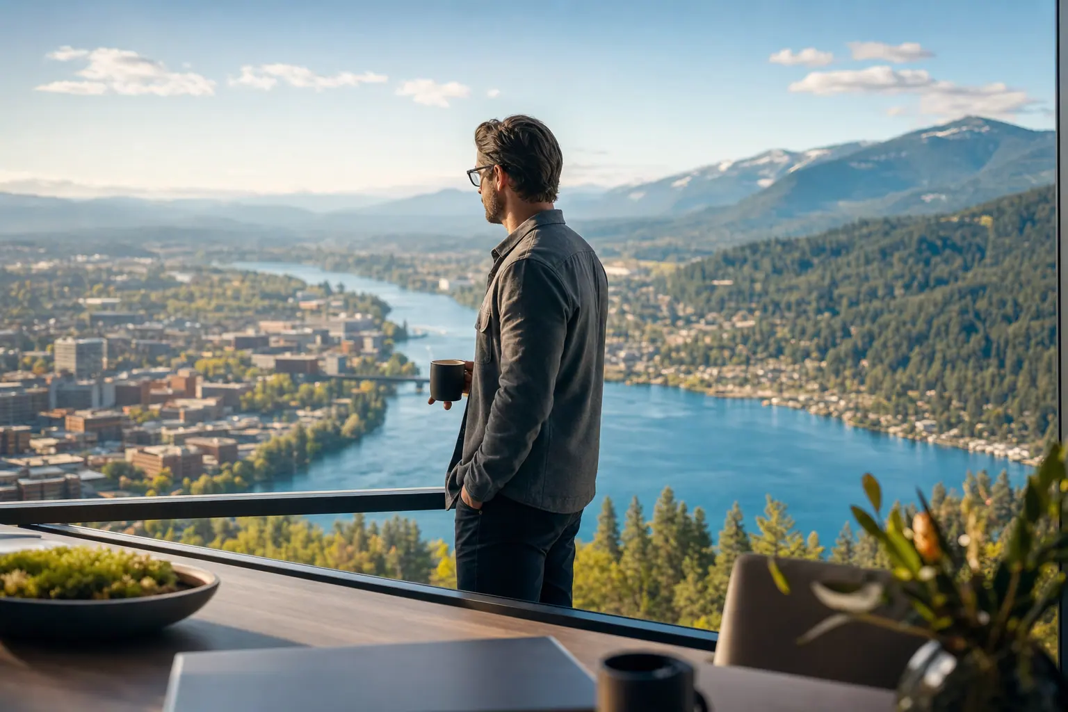 A regional strategist looks out over an Inland Northwest vista bridging a river city and a mountain lake town.