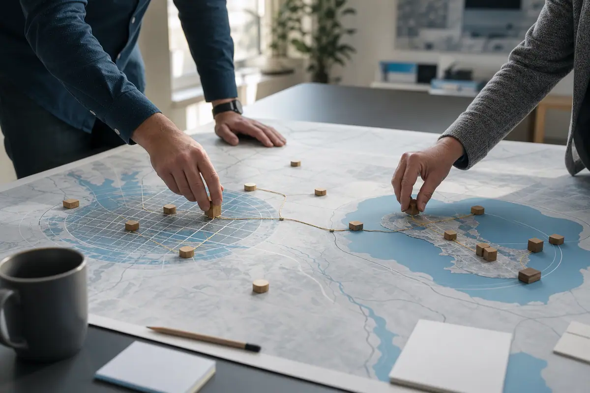 Two people map a regional service-area plan, placing markers over two neighboring market zones.